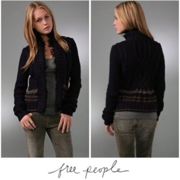 NWT FREE PEOPLE NavyFur Trim Sweater Cardigan SZ: L - Picture 1 of 3